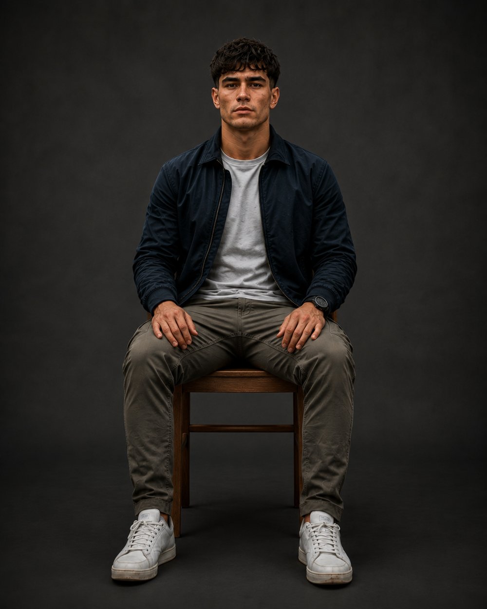 AI-generated full-length portrait of Jack, centred on a stool, with his head, hands and shoes visible.